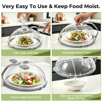 Upgraded Foldable Microwave Splatter Cover with Dual Water Steamer, 10 Inch Clear Vented Food Lid with Handle, Anti-Splatter Microwave Cover for Moisture-Rich Heating, Kitchen Gadget