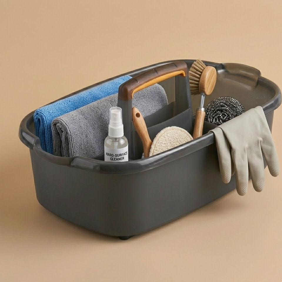 Dylantia Multi-Purpose Cleaning Caddy with Comfort Grip Handle - Large Capacity Organizer for Cleaning Supplies, Tools, and Sprays - Heavy Duty & Portable - Grey