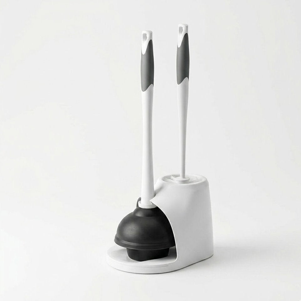 Dylantia 2-in-1 Toilet Plunger and Bowl Brush Combo - Heavy Duty Bathroom Cleaning Set with Hideaway Storage Caddy - Ergonomic Non-Slip Handles - Grey & White