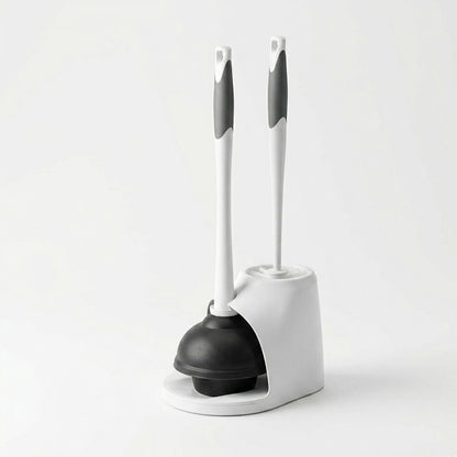 Dylantia 2-in-1 Toilet Plunger and Bowl Brush Combo - Heavy Duty Bathroom Cleaning Set with Hideaway Storage Caddy - Ergonomic Non-Slip Handles - Grey & White