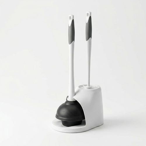 Dylantia 2-in-1 Toilet Plunger and Bowl Brush Combo - Heavy Duty Bathroom Cleaning Set with Hideaway Storage Caddy - Ergonomic Non-Slip Handles - Grey & White