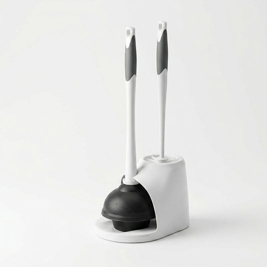 Dylantia 2-in-1 Toilet Plunger and Bowl Brush Combo - Heavy Duty Bathroom Cleaning Set with Hideaway Storage Caddy - Ergonomic Non-Slip Handles - Grey & White