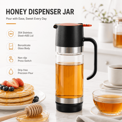 High-borosilicate glass honey jar, press-type dispenser