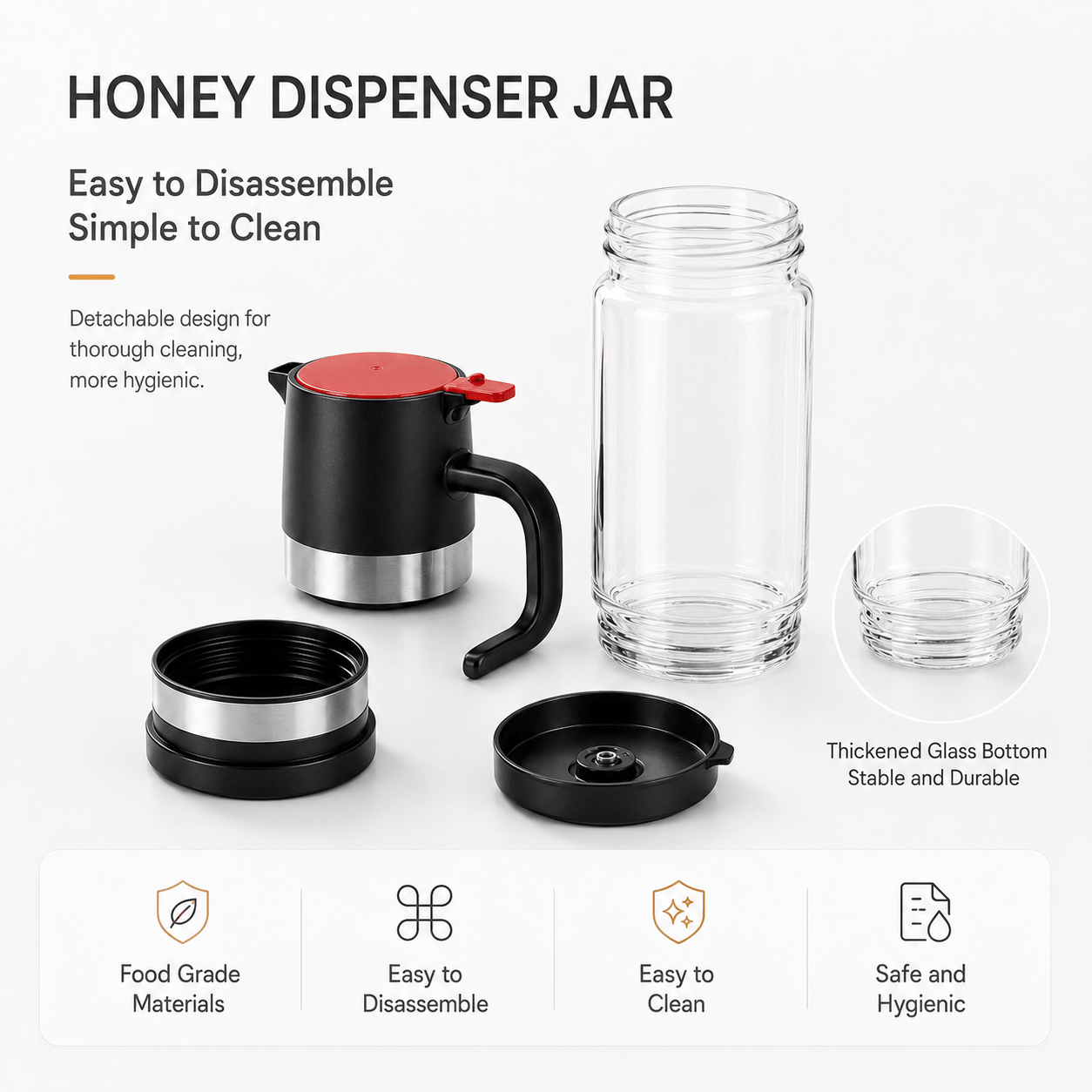 High-borosilicate glass honey jar, press-type dispenser