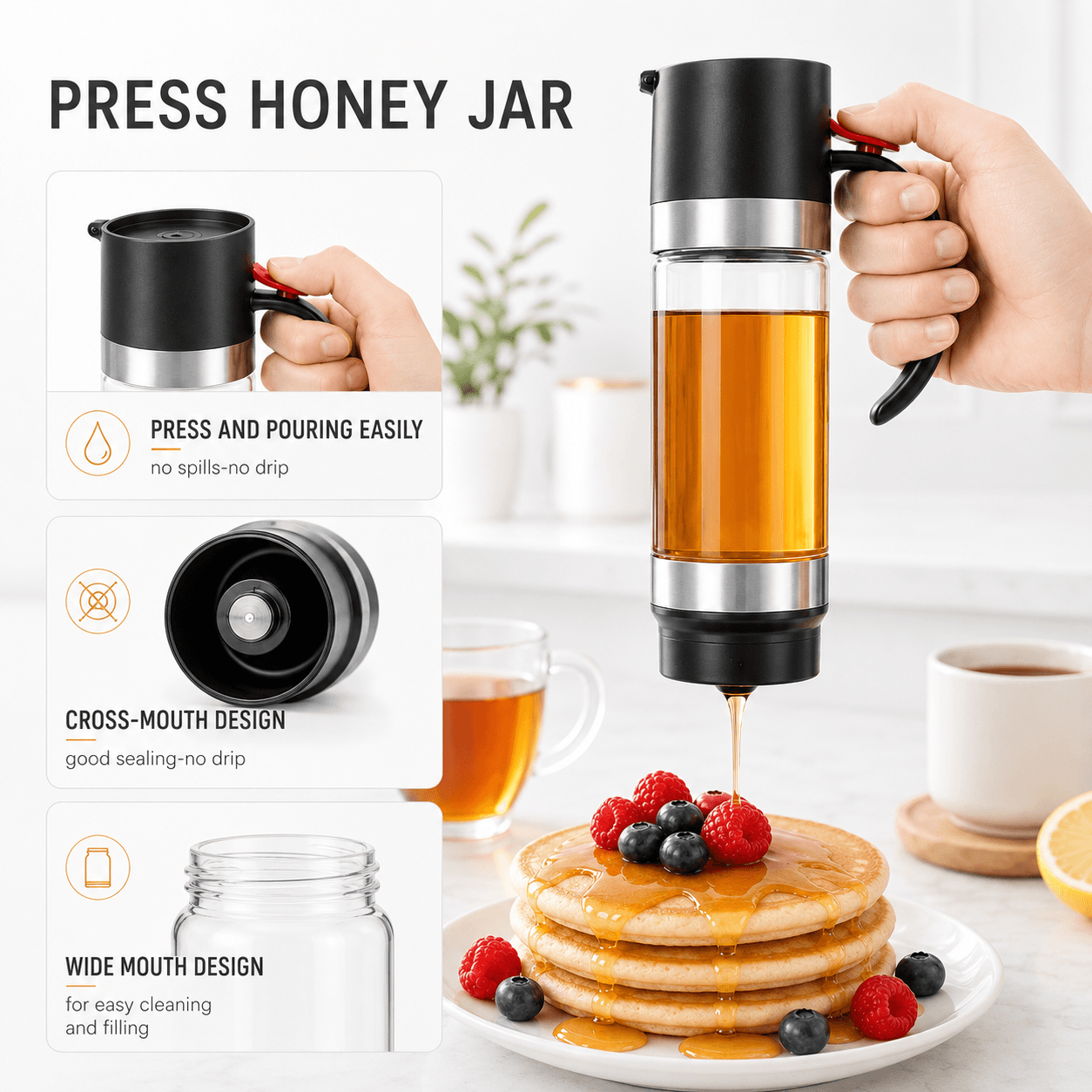 High-borosilicate glass honey jar, press-type dispenser